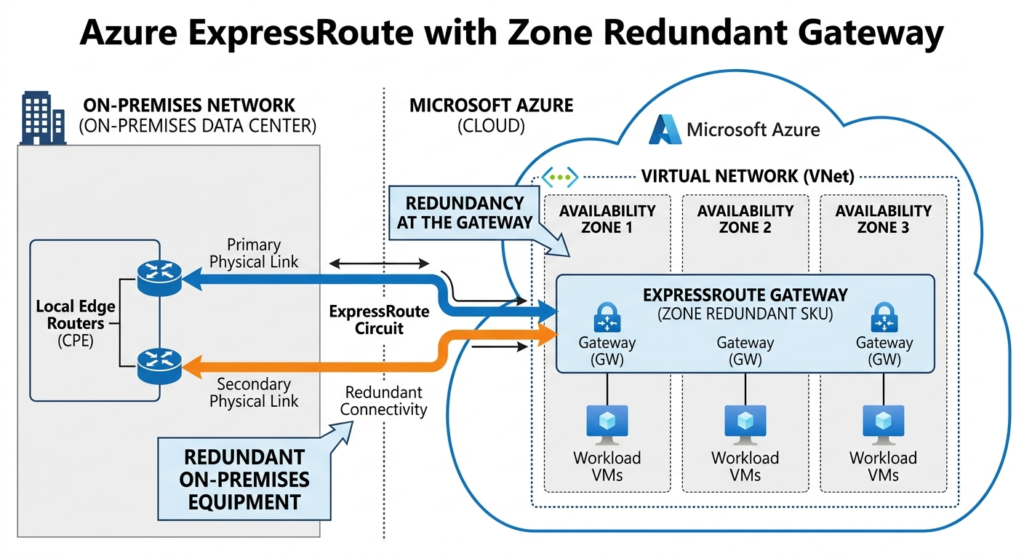 Diagrama de arquitetura mostrando conectividade on-premises com Azure por ExpressRoute em topologia hub-and-spoke.