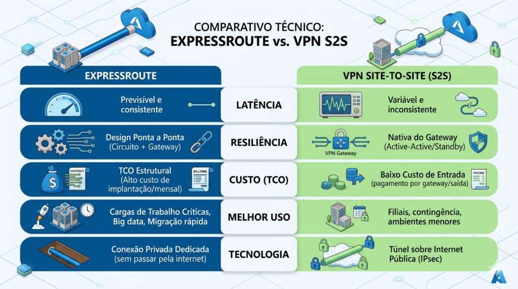 Comparação visual entre ExpressRoute e VPN S2S no Azure com foco em previsibilidade, custo, disponibilidade e padrão de uso corporativo.