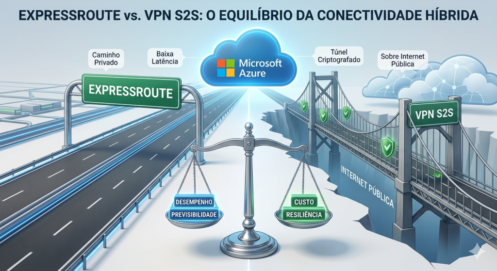 Ilustração editorial sobre conectividade híbrida no Azure comparando ExpressRoute e VPN Site-to-Site com foco em alta disponibilidade, latência, custos e padrões enterprise.