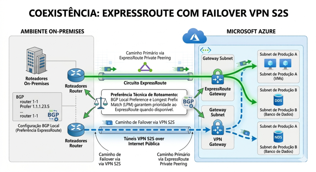 Diagrama de arquitetura mostrando ExpressRoute como conexão principal e VPN Site-to-Site como failover para Azure.