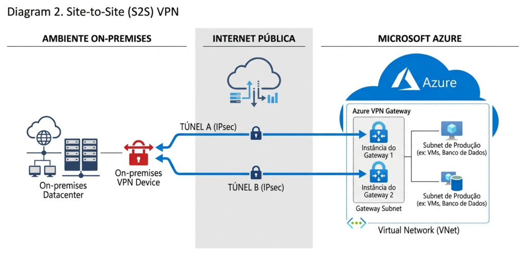 Diagrama de arquitetura mostrando ambiente on-premises conectado ao Azure por VPN Site-to-Site com hub e spokes.