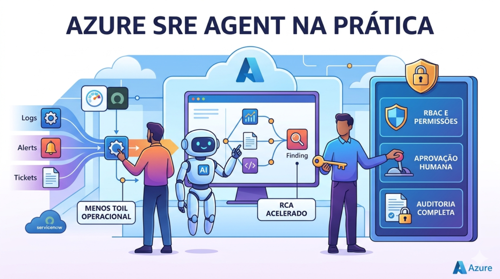 Ilustração editorial sobre operações SRE no Azure com investigação automatizada, resposta a incidentes, governança e observabilidade.