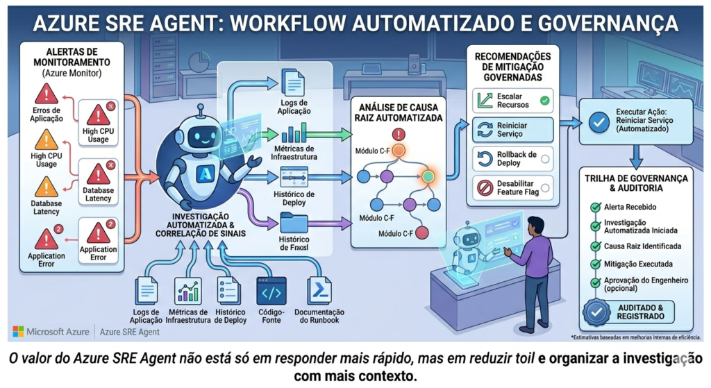 Ilustração editorial de operações SRE no Azure com alertas, investigação automatizada, correlação de sinais, mitigação e trilha de governança.