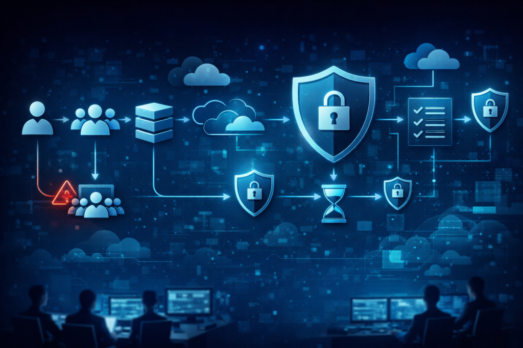 Ilustração editorial sobre governança de acesso em Azure com identidade, grupos, camadas de controle, fluxo de aprovação e acesso privilegiado temporário.