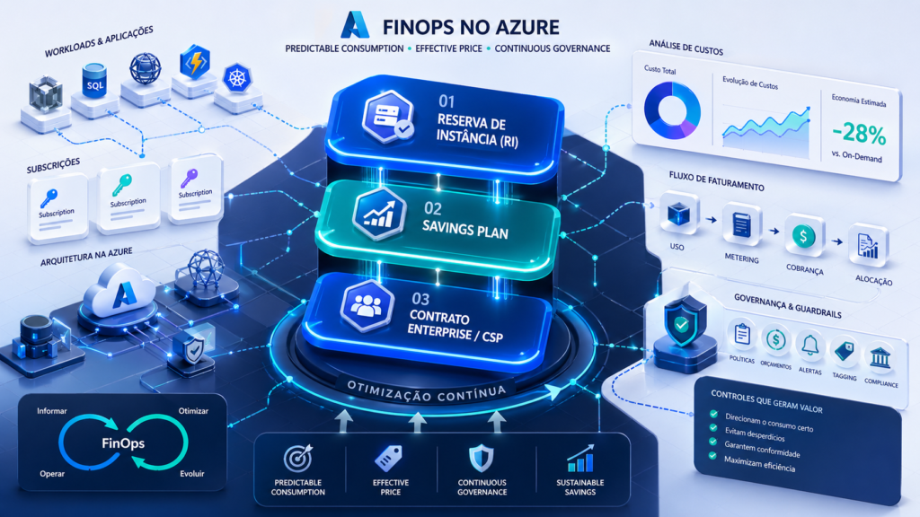 Ilustração sobre FinOps no Azure com Reserva de Instância, Savings Plan, contrato Enterprise ou CSP, workloads, billing e governança de custos.