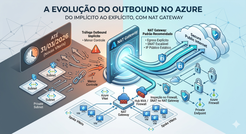 Ilustração editorial de NAT Gateway no Azure com subnets privadas e saída controlada para internet