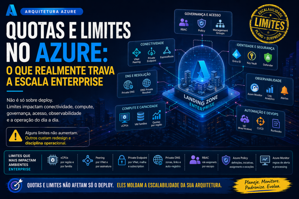 Azure Quotas e Limites: o que trava a escala em ambientes enterprise capa Ilustração editorial de uma landing zone Azure enterprise com várias camadas: compute, rede, Private Endpoint, DNS, políticas e monitoramento, com sensação de escala e limites operacionais.v2