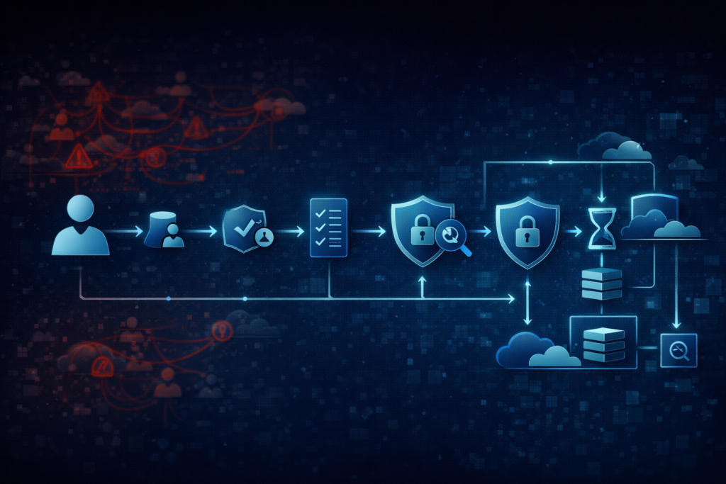 Ilustração de governança em nuvem mostrando exceções de acesso temporárias, aprovadas, auditáveis e limitadas por escopo e tempo.