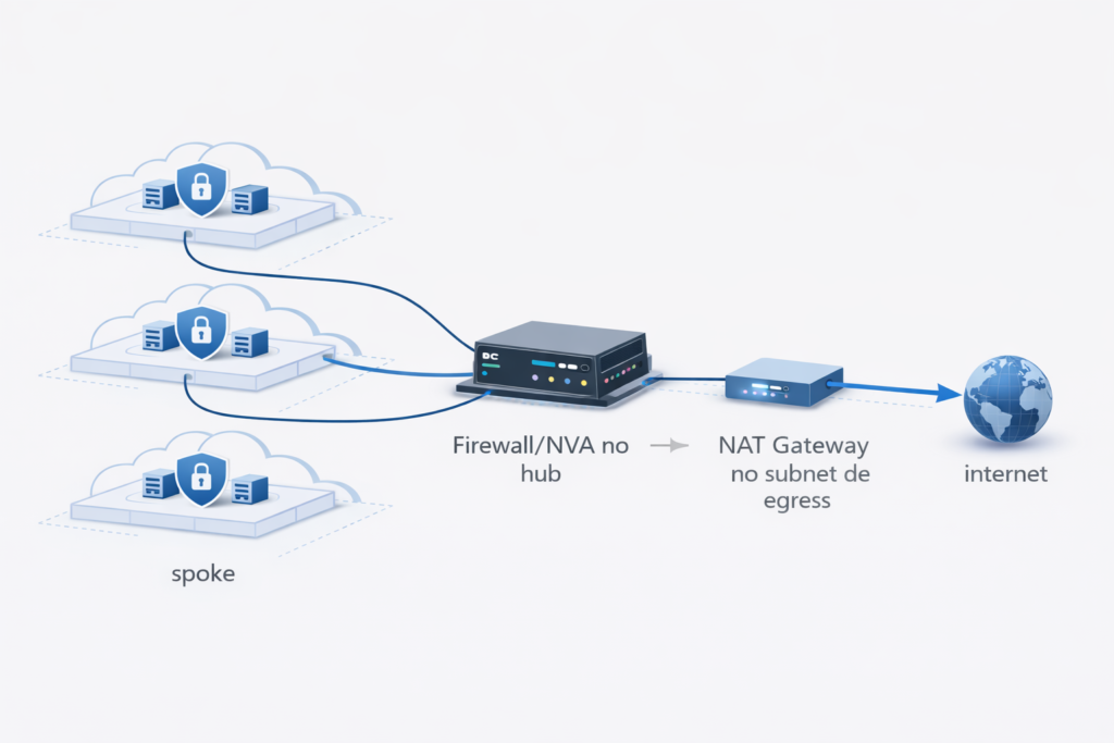Arquitetura hub-and-spoke com spokes, firewall ou NVA no hub, NAT Gateway na subnet de egress e saída para internet