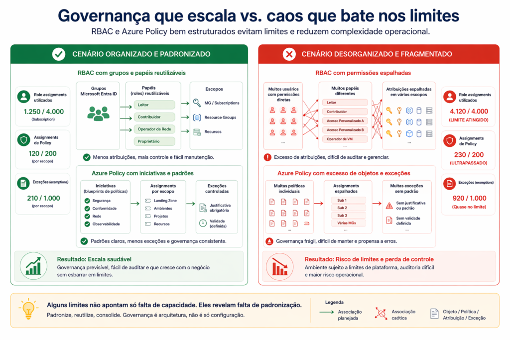 Azure Quotas e Limites: o que trava a escala em ambientes enterprise Ilustração comparando dois cenários: um ambiente organizado por grupos, initiatives e padrões, e outro com excesso de permissões, exceções e objetos espalhados.