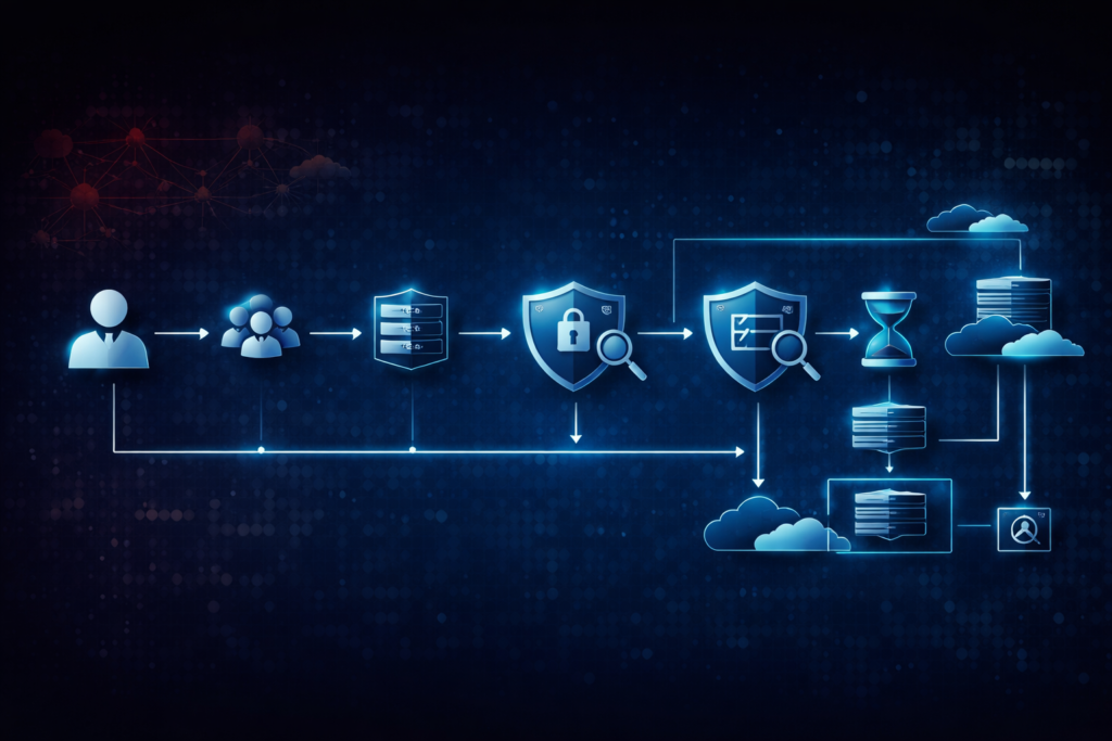 Diagrama horizontal mostrando fluxo de governança de acesso com identidade, grupos, papéis, escopo, ativação privilegiada, aprovação, expiração e trilha de auditoria.