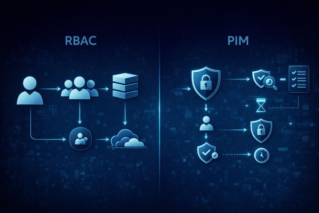 Comparação visual entre RBAC como estrutura de autorização e PIM como ativação temporária de privilégio com controle adicional.