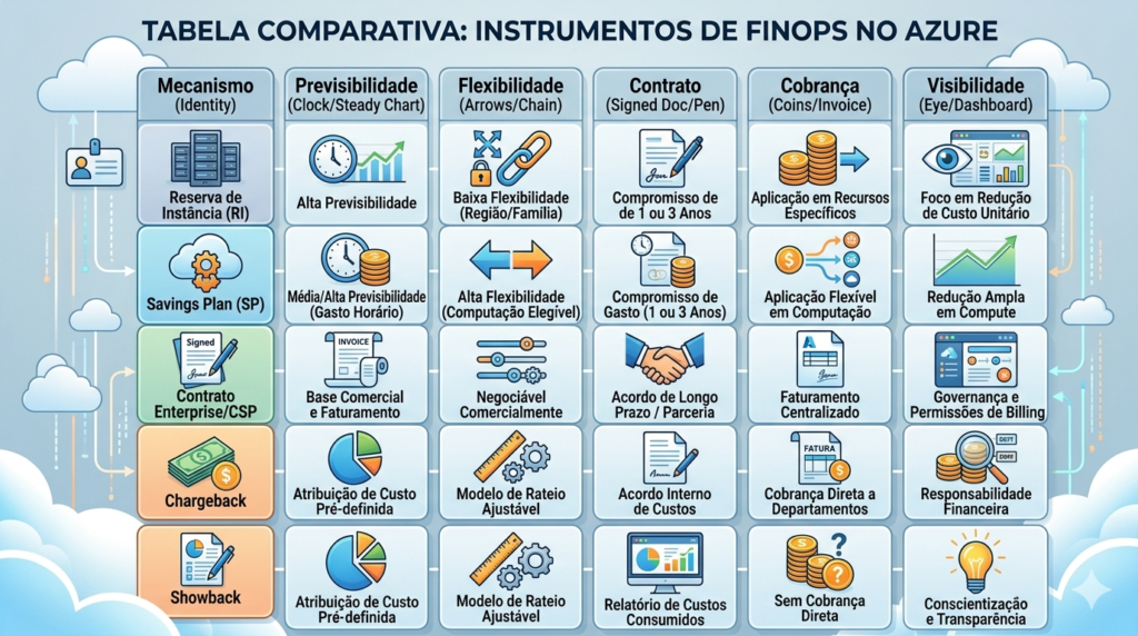Azure RI, Savings Plan e CSP: desconto não é economia sem governança Tabela comparativa entre Reserva de Instância, Savings Plan, contrato Enterprise ou CSP, chargeback e showback no Azure.