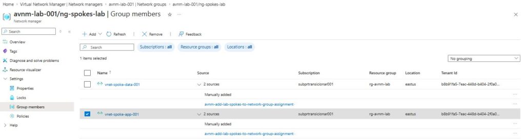 Azure Virtual Network Manager na prática: conectividade e segurança de redes em escala enterprise Grupo de rede no Azure Virtual Network Manager com VNets spoke associadas.