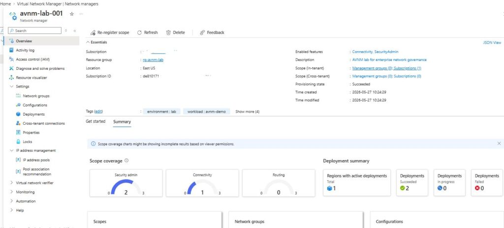 Azure Virtual Network Manager na prática: conectividade e segurança de redes em escala enterprise Tela do Azure Virtual Network Manager mostrando instância criada para governança de redes virtuais.