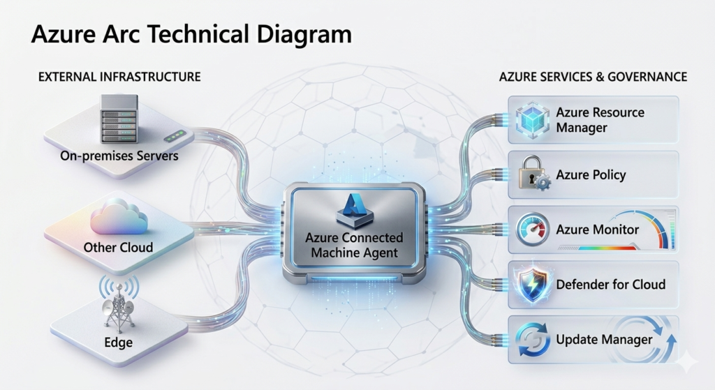 Azure Arc na prática: governança híbrida para servidores fora do Azure Diagrama técnico mostrando servidores fora do Azure conectados ao Azure Resource Manager por meio do Azure Arc.