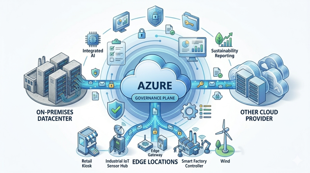 Imagem representando Azure Arc conectando servidores fora do Azure a uma camada central de governança, segurança e monitoramento.