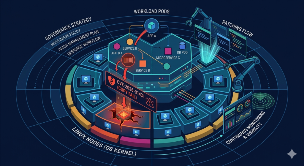 Ilustração de cluster AKS com nodes Linux, workloads Kubernetes e alerta de vulnerabilidade CVE no kernel.