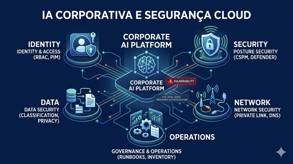 Ilustração de Azure AI Foundry com controles de identidade, dados, segurança e governança cloud.