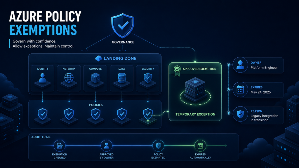 Ilustração sobre Azure Policy Exemptions com governança, exceção temporária, auditoria, dono responsável e expiração.