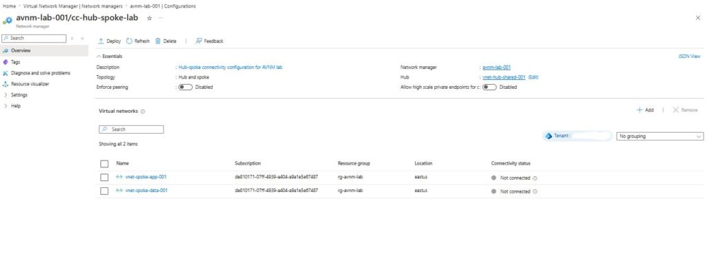 Azure Virtual Network Manager na prática: conectividade e segurança de redes em escala enterprise Configuração de conectividade hub-spoke no Azure Virtual Network Manager.
