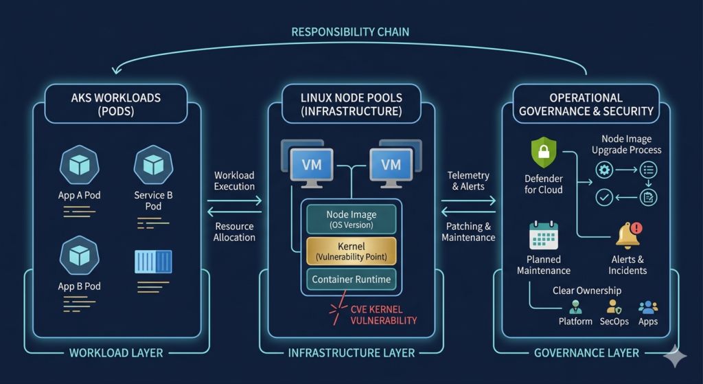 Diagrama mostrando workloads AKS, node pools Linux e camada de governança com patching, monitoramento e ownership.