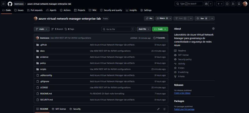 Azure Virtual Network Manager na prática: conectividade e segurança de redes em escala enterprise Repositório GitHub com scripts, documentação e evidências do laboratório de Azure Virtual Network Manager.