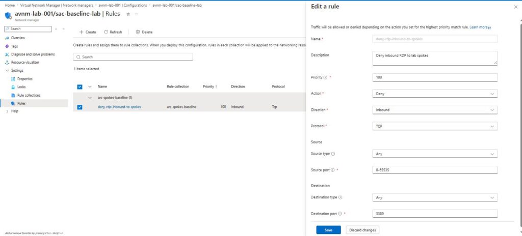 Azure Virtual Network Manager na prática: conectividade e segurança de redes em escala enterprise Regra de segurança administrativa configurada no Azure Virtual Network Manager.