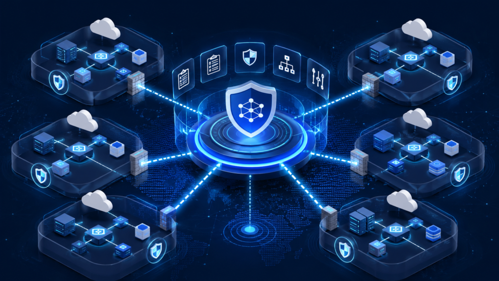 Azure Virtual Network Manager na prática: conectividade e segurança de redes em escala enterprise Ilustração mostrando Azure Virtual Network Manager governando múltiplas redes virtuais em escala enterprise.