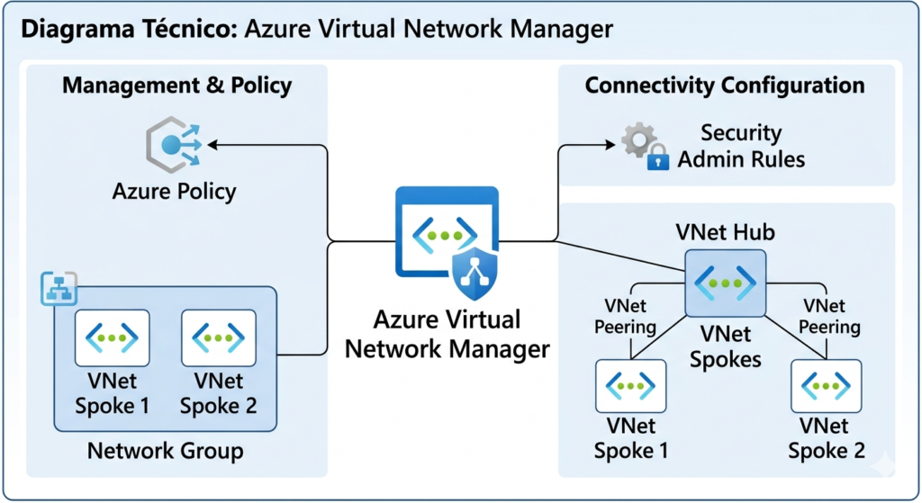 Azure Virtual Network Manager na prática: conectividade e segurança de redes em escala enterprise Diagrama técnico com Azure Virtual Network Manager, hub, spokes, network group e Azure Policy.