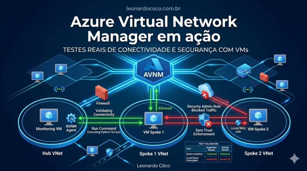 Azure Virtual Network Manager: testes de conectividade e segurança Azure Virtual Network Manager validando conectividade e segurança com VNets e VMs em ambiente de laboratório.