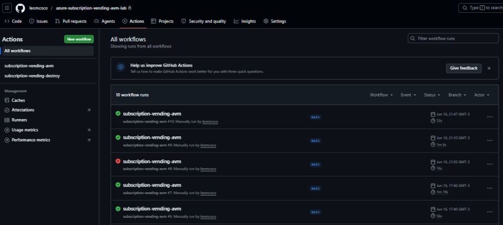 Subscription Vending no Azure: landing zones governadas Workflow do GitHub Actions executado com sucesso usando Terraform e Azure OIDC.