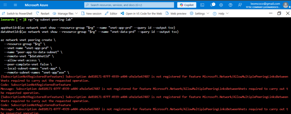Subnet Peering na Azure: conectando subnets específicas entre VNets Erro ao criar subnet peering