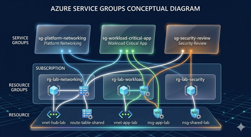 Azure Service Groups: organize recursos na Azure na prática Diagrama mostrando Service Groups criando visões lógicas sobre recursos Azure em diferentes resource groups.