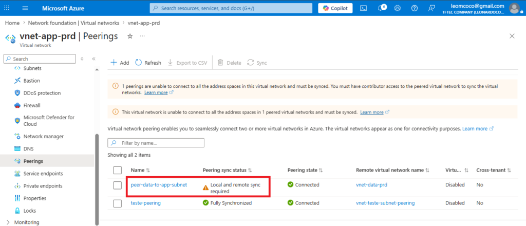 Subnet Peering na Azure: conectando subnets específicas entre VNets Erro sync peering local