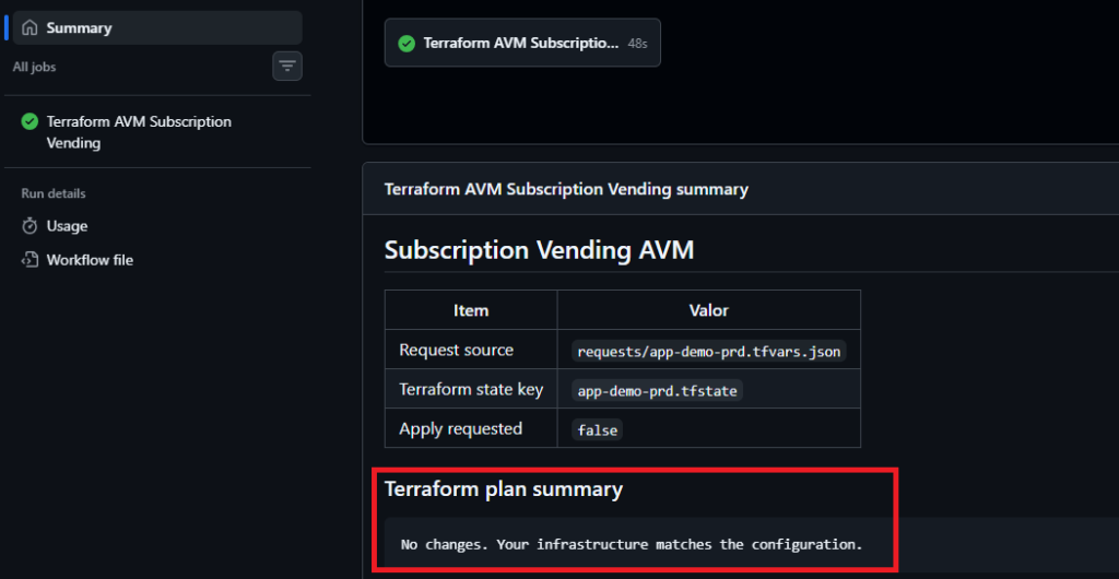 Subscription Vending no Azure: landing zones governadas Terraform plan no GitHub Actions mostrando que a infraestrutura está alinhada com o código.