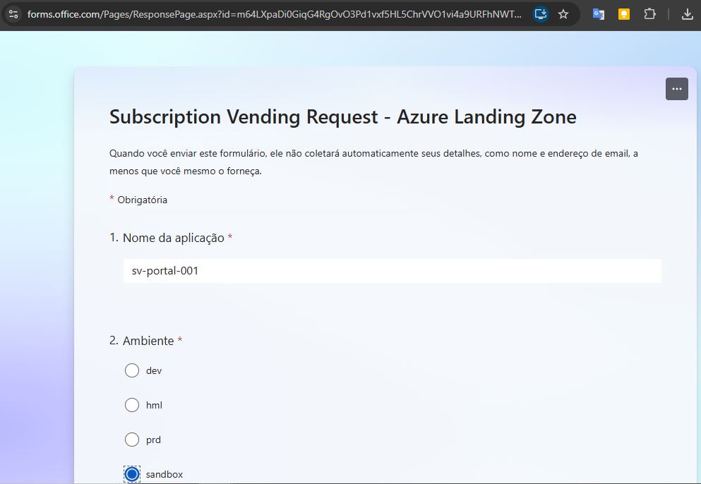 Subscription Vending no Azure: criando um portal self-service com Forms, Power Automate, GitHub Actions e Terraform Microsoft Forms preenchido com os dados do laboratório