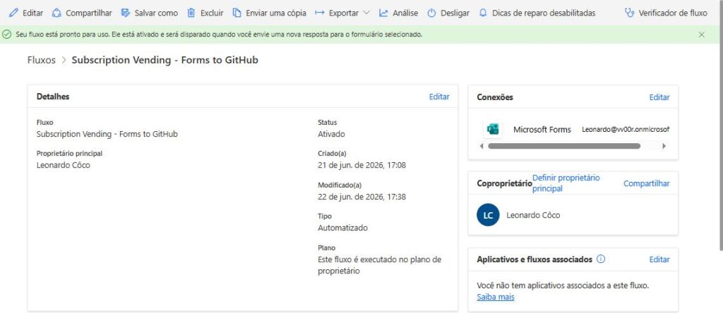 Subscription Vending no Azure: criando um portal self-service com Forms, Power Automate, GitHub Actions e Terraform Fluxo completo no Power Automate