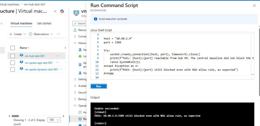 Azure Virtual Network Manager: testes de conectividade e segurança Run Command mostrando que o AVNM mantém o bloqueio da porta 3389 mesmo com NSG permitindo o tráfego.