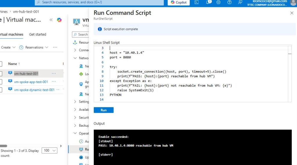 Azure Virtual Network Manager: testes de conectividade e segurança Run Command na VM Hub mostrando acesso bem-sucedido à VM da spoke dinâmica na porta 8080.