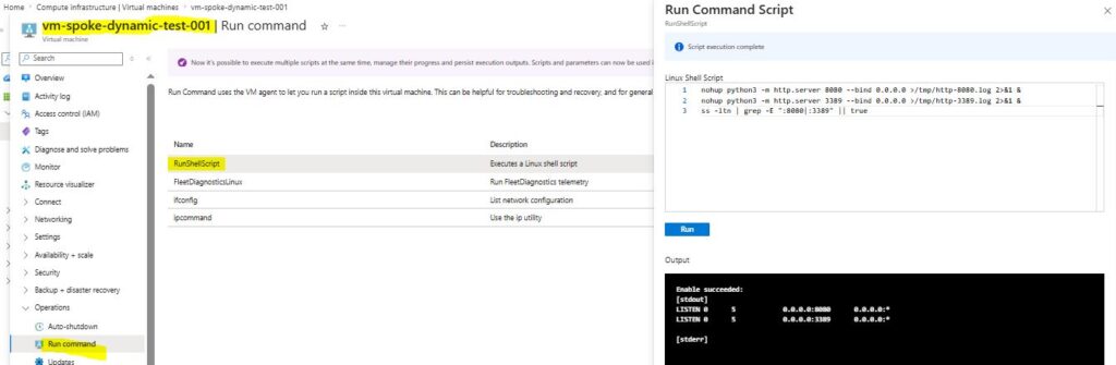 Azure Virtual Network Manager: testes de conectividade e segurança Run Command iniciando serviço HTTP na porta 8080 em uma VM Linux.