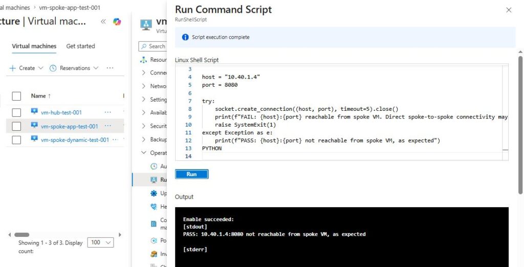 Azure Virtual Network Manager: testes de conectividade e segurança Run Command mostrando falha esperada de conexão direta entre duas VNets spoke.