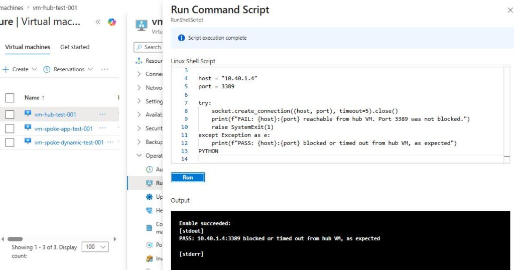 Azure Virtual Network Manager: testes de conectividade e segurança Run Command na VM Hub mostrando falha esperada de conexão na porta 3389.
