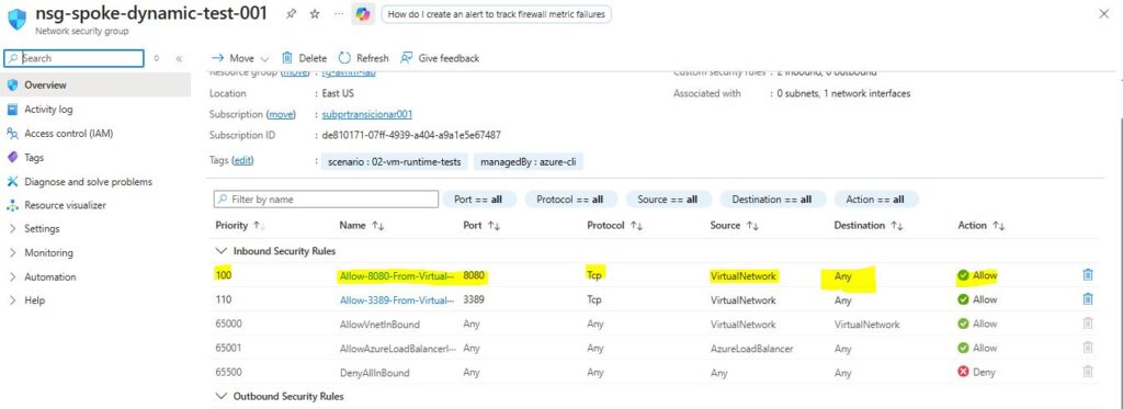 Azure Virtual Network Manager: testes de conectividade e segurança NSG com regra permitindo entrada na porta 3389 para tráfego vindo de VirtualNetwork.