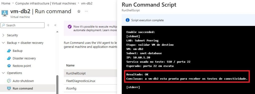 Subnet Peering na Azure: conectando subnets específicas entre VNets vm-db2 pronta para receber conexão.