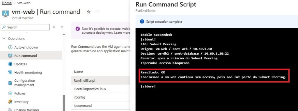 Subnet Peering na Azure: conectando subnets específicas entre VNets vm-web bloqueada antes do peering.