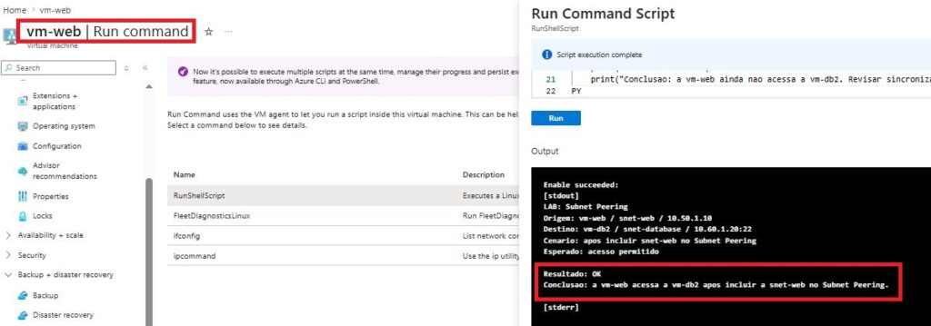 Subnet Peering na Azure: conectando subnets específicas entre VNets A vm-web acessa a vm-db2 após ser adicionada ao Subnet Peering.