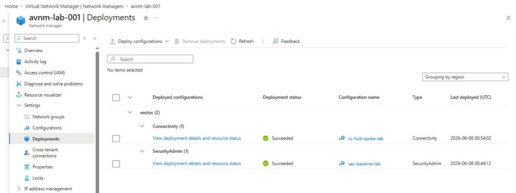 Azure Virtual Network Manager: testes de conectividade e segurança Azure CLI mostrando effective connectivity configuration e effective security admin rule aplicadas pelo Azure Virtual Network Manager.
