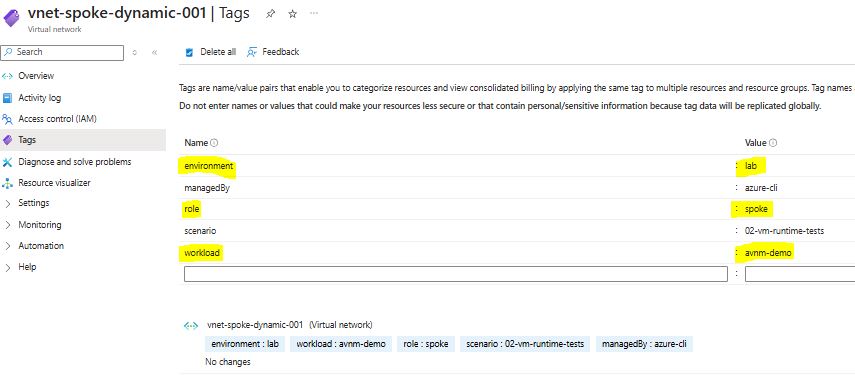 Azure Virtual Network Manager: testes de conectividade e segurança VNet dinâmica criada no Azure com tags para associação ao Azure Virtual Network Manager.