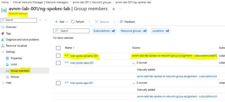 Azure Virtual Network Manager: testes de conectividade e segurança Network group do AVNM com VNet dinâmica associada.
